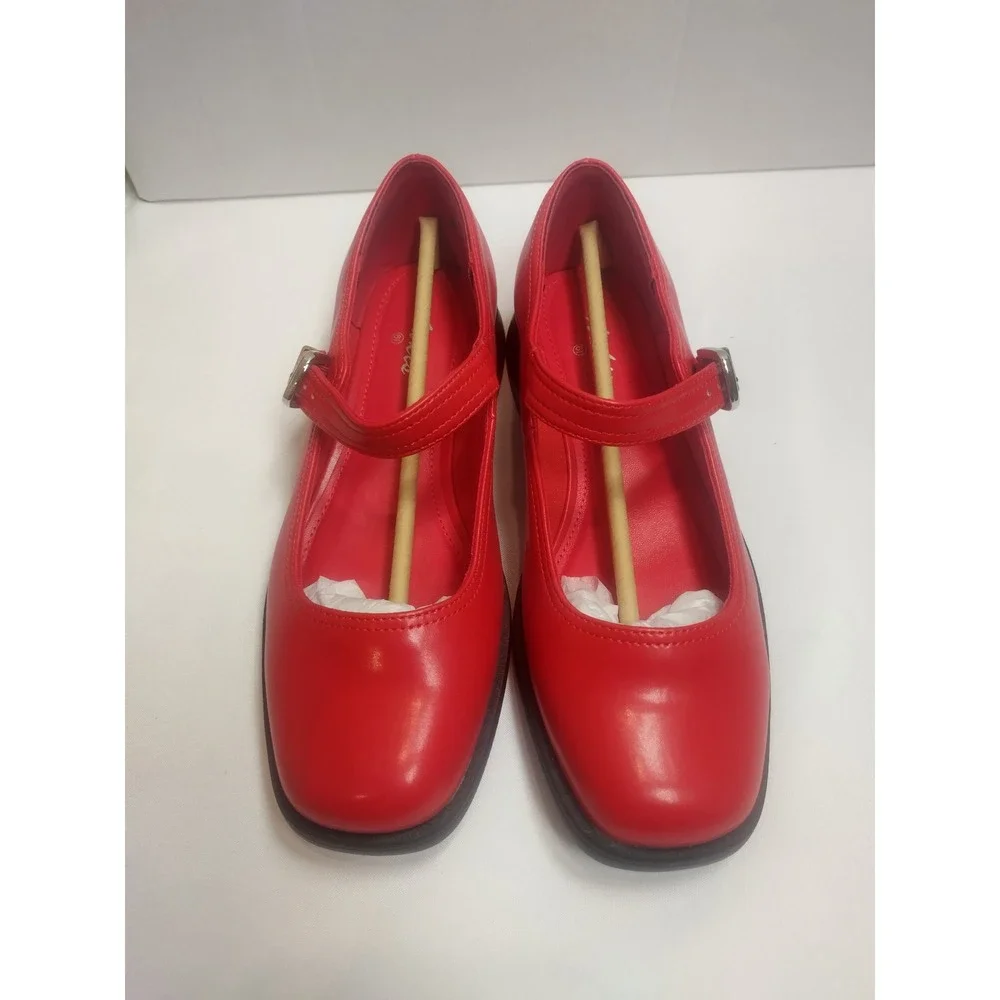 Ankis Red Mary Jane Flats Square Toe Buckle Strap Low Heel Shoes Womens 6.5 - Picture 4 of 7